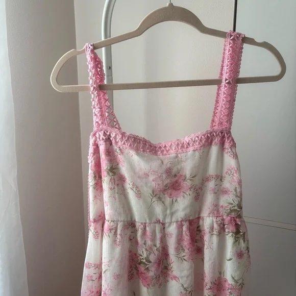 By the River Pink Floral Dress Size L - Crochet Straps & Tiered Skirt - Picture 3 of 6